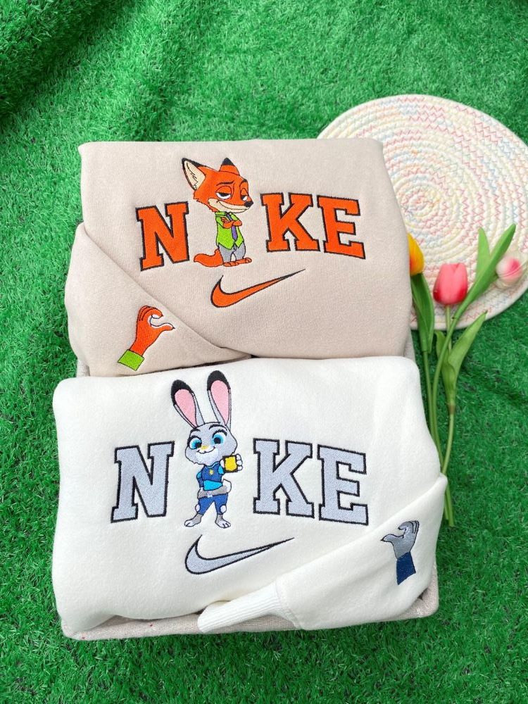 Cute Judy Hopps And Nick Wilde Couple Disney Nike Embroidered Sweatshirt
