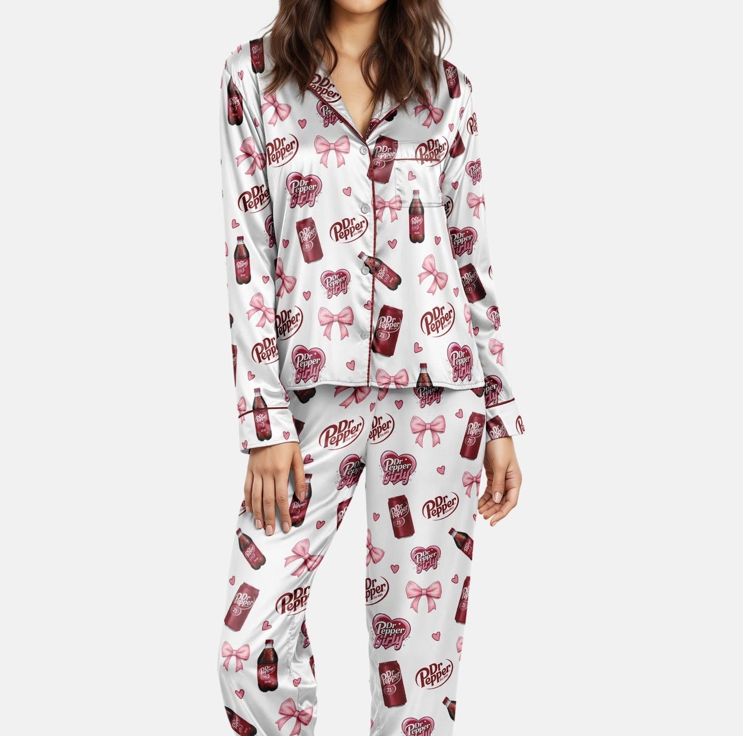 Dr Pepper Pink Bow Satin Pajamas for Women