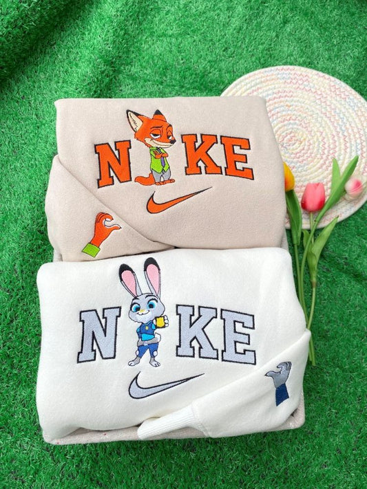 Cute Judy Hopps And Nick Wilde Couple Disney Nike Embroidered Sweatshirt