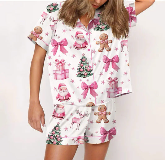 Coquette Pink Christmas Satin Pajama Set