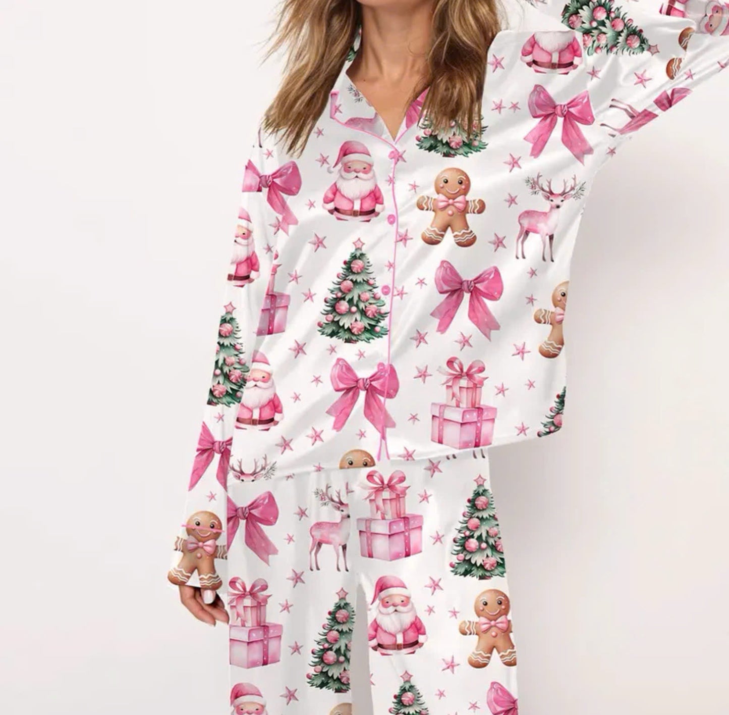 Coquette Pink Christmas Satin Pajama Set