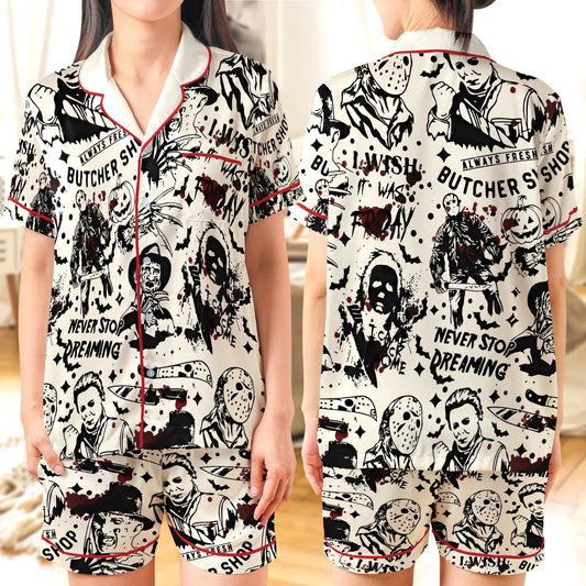 Retro All Horror Characters Satin Pajamas Set
